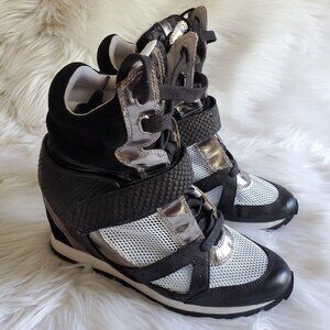 Rachel Zoe Black Snake Skin Mesh Leather Strap Wedge Sneaker SZ 9